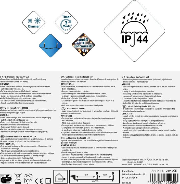 Productafbeelding Idena Lichtketting NewTec 200 LED warm wit en wit (27.90 m)