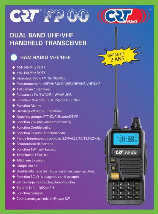 Image du produit CRT Alpha Radio portable VHF/UHF CRT FP00 bi-bande 136-174 et 400-440 MHz couleur noire, VOX, 128 canaux, Sc