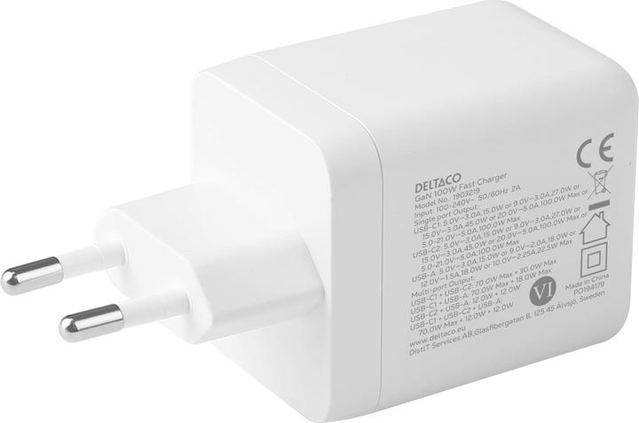Actual product image Deltaco USB GaN wall charger 100 W, 1x USB-A, 2x USB-C, PPS, white (100 W, 3 ports)