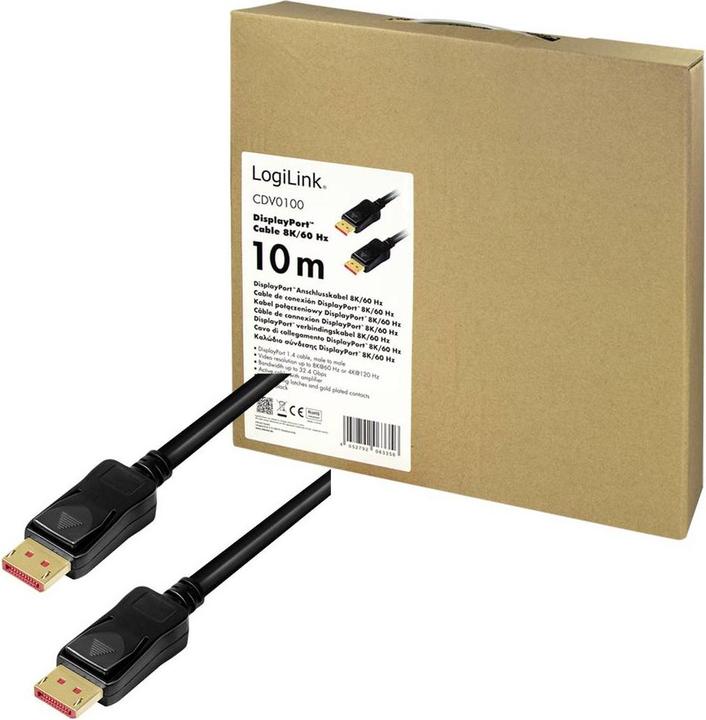Image du produit LogiLink Câble DisplayPort, DP/M à DP/M, 8K/60 Hz, AMP, noir, 10 m (10 m, DisplayPort, 1.4)