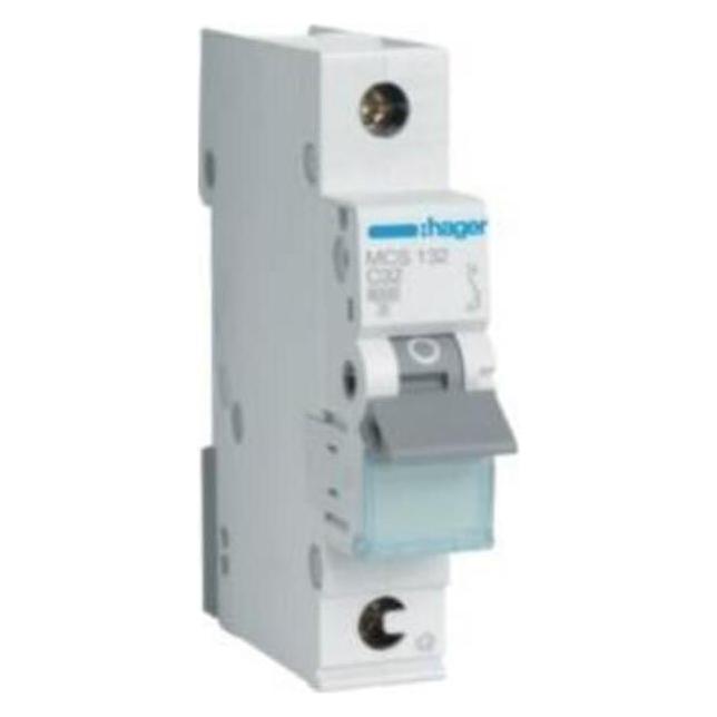 Hager, FI stroomonderbreker, MCS132. Nominale stroom: 32 A. Type: C-type, Aantal modules (max): 1 module(s). Breedte: 17,5 mm
