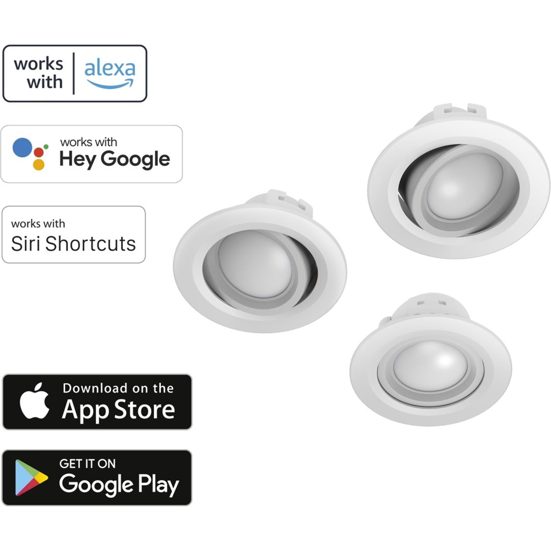 Hama, Applique + Plafoniera, Faretto da incasso WLAN LED, 5W, comando a voce/app, regolabile, 3 pezzi, bianco (380 lm)