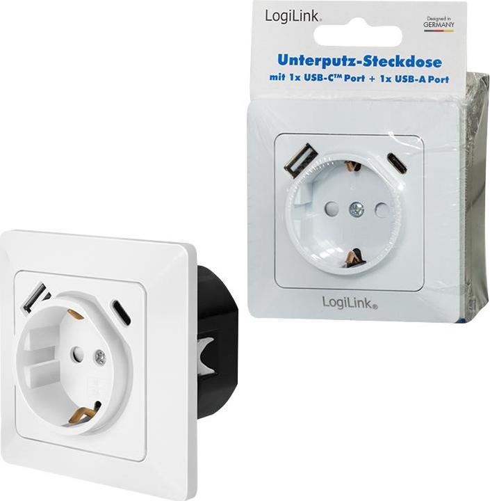 Produktbild LogiLink Unterputz-Steckdose, 1x CEE 7/3, 1x USB-A, 1x USB-C PD