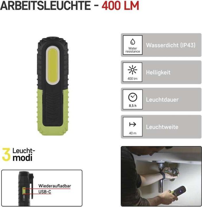 Produktbild Emos LED + COB LED aufladbare Arbeitsleuchte P4531, 400 lm, 2000 mAh (400 lm)