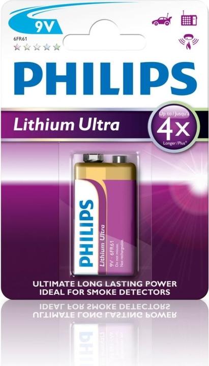 Actual product image Philips Lithium Ultra Battery 6FR61LB1A/10, Single-use battery, 9V, Lithium, 9 V, 1 pc(s), Cd (cadmi (1 pcs., 9V Block)