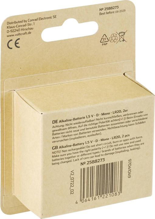 Produktbild Voltcraft LR20 Mono (D)-Batterie Alkali-Mangan 18000 mAh 1.5 V 2 St. (2 Stk., D)
