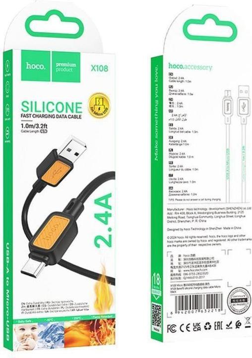 Actual product image Hoco Cable cable USB A to Micro USB 2,4A X108 1 m black (1 m, USB 3.0)
