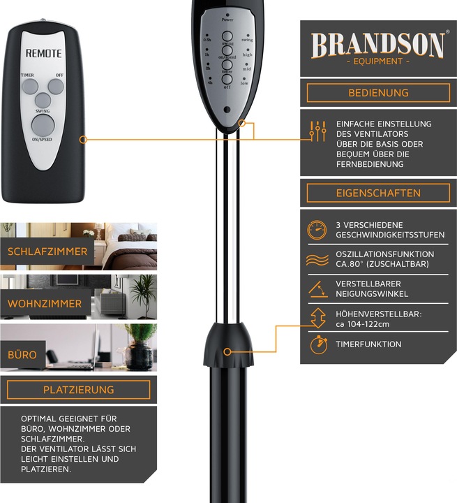 Image du produit Brandson Ventilateur sur pied, 42 cm Ø, ventilateur sur pied, télécommande, inclinable 30°, 50W, oscillation (57 dB)