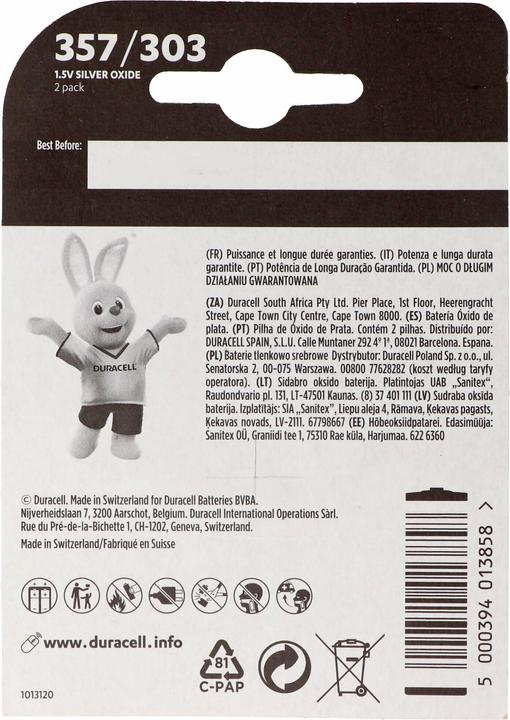 Actual product image Duracell 357, 303, V357, V303, SR44, SR44SW, Watch battery D357, blister of 2 (2 pcs., 190 mAh)