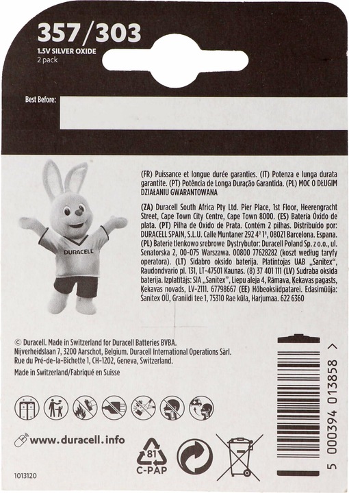 Produktbild Duracell 357, 303, V357, V303, SR44, SR44SW, Uhrenbatterie D357, 2er Blister (2 Stk., 190 mAh)