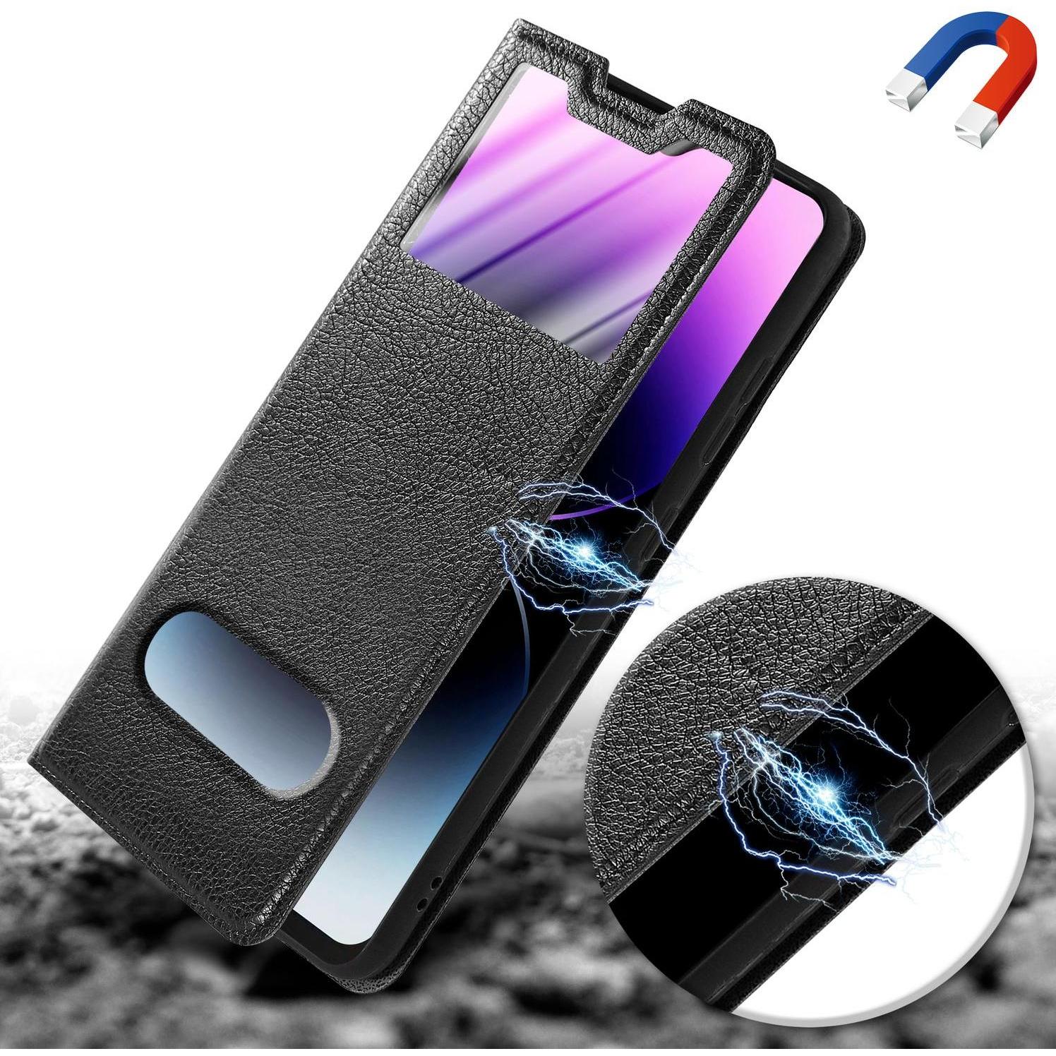 Thumbnail - Cadorabo Book Hülle mit Doppelfenster für Samsung Galaxy M20 (Samsung Galaxy M20), Smartphone Hülle, Schwarz