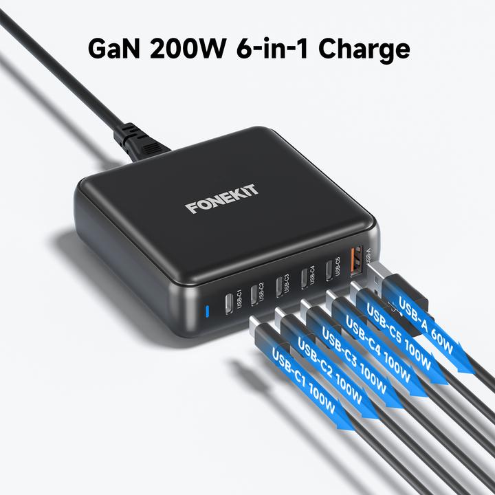 Produktbild FoneKit GaN PD 200W Power Adapter, USB-A + 5 x USB-C, black (200 W)