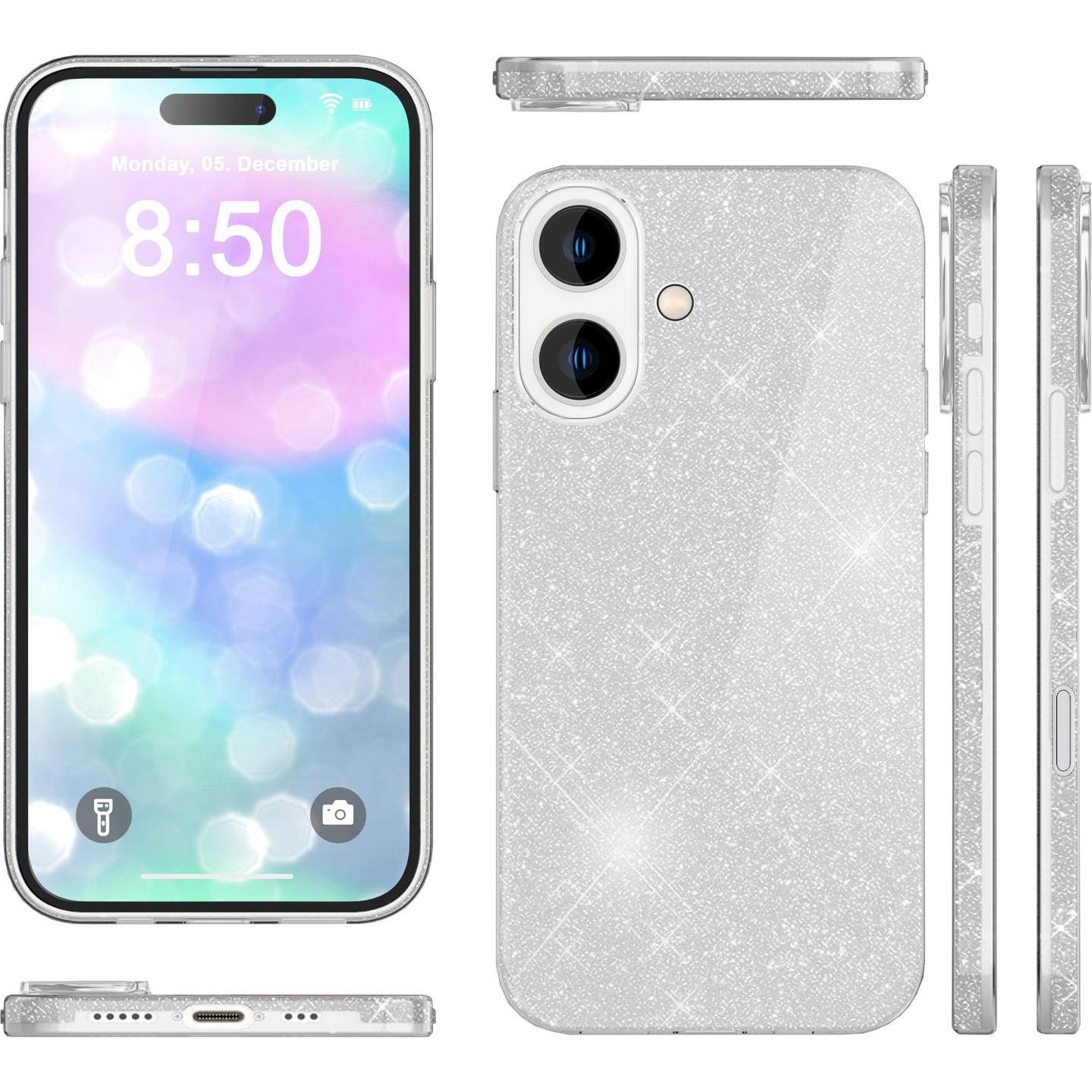 Nalia Glitzer Hybrid Hülle (Apple iPhone 16 Plus), Smartphone Hülle, Silber