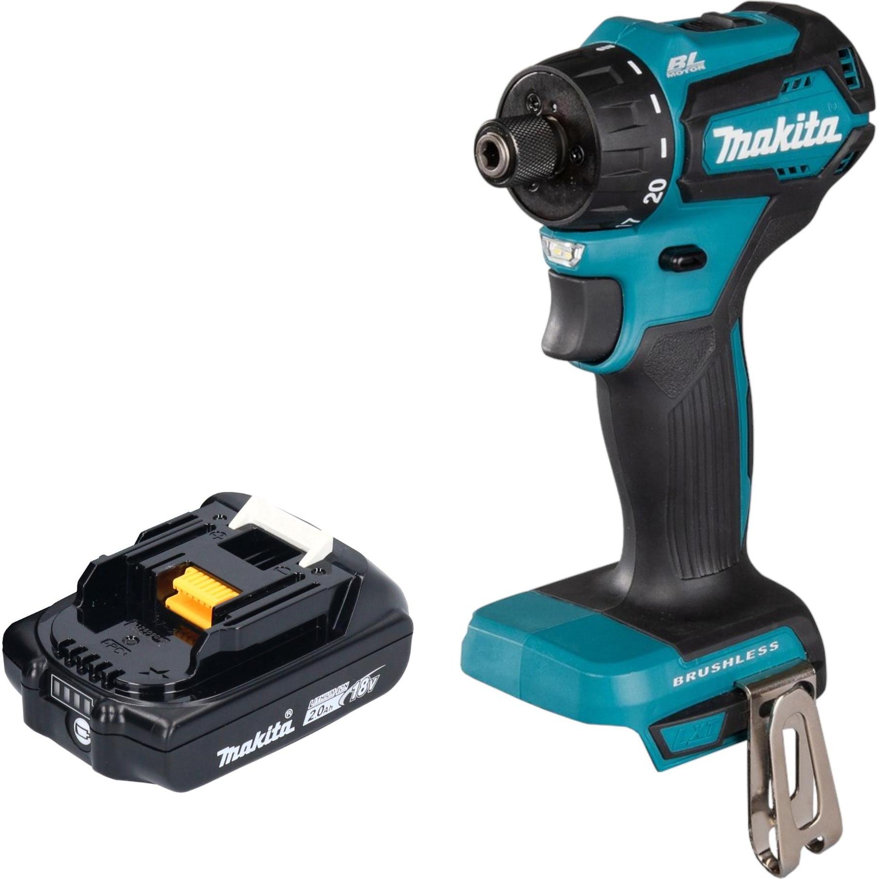 Makita, Bohrmaschine + Akkuschrauber, DDF 083 A1 Akku Bohrschrauber 18 V 40 Nm 1/4" Brushless + 1x Akku 2,0 Ah - ohne La...
