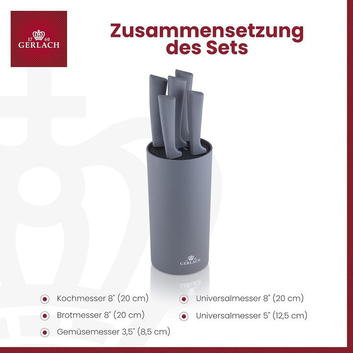 Produktbild Gerlach Messersatz Im Block Smart Grey, Edelstahl, Grau, 16 x 12 x 36.5 cm, 5-Einheiten