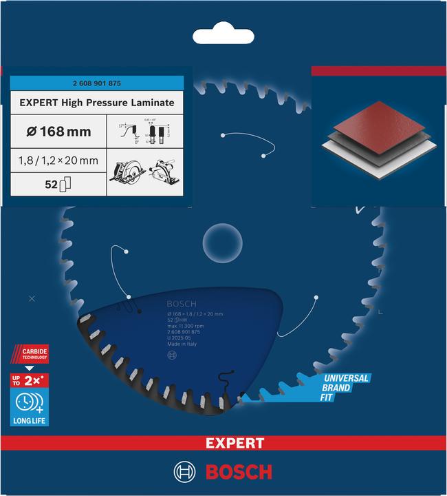 Produktbild Bosch Professional Zubehör Kreissägeblatt Expert for High Pressure Laminate 168 x 20 x 1,8/1,2 mm, T52