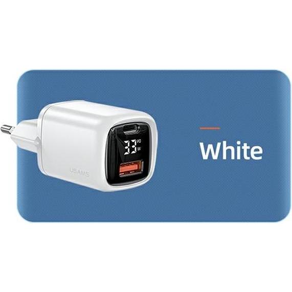 Usams Ład. siec. 1xUSB-C+1xUSB T46 33W PD3.0 +QC3.0 Fast Charging +kabel U63 USB-C/Lightning biały/w (33 W), USB Ladeger...