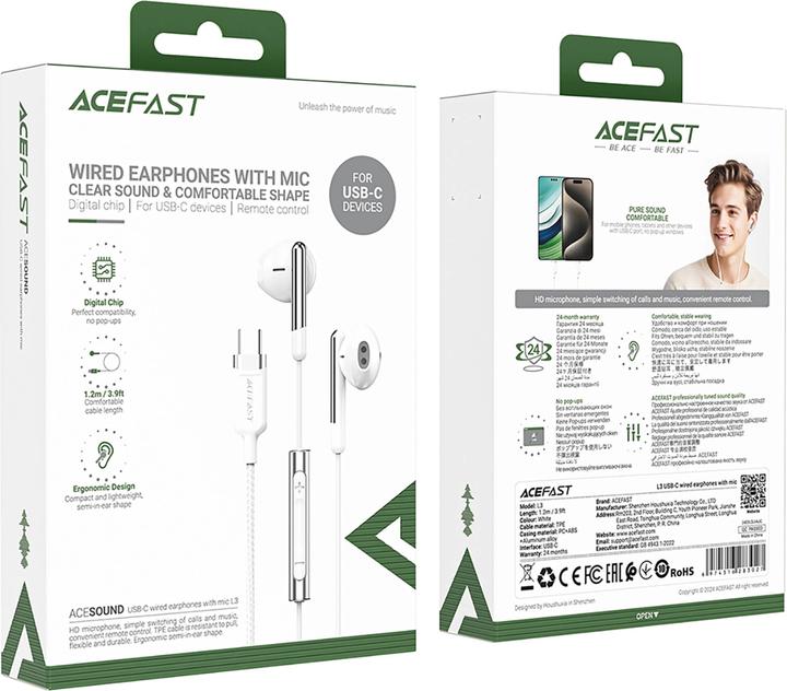 Produktbild Acefast L3 Wired USB-C Headphones with Microphone - White (Kabelgebunden)