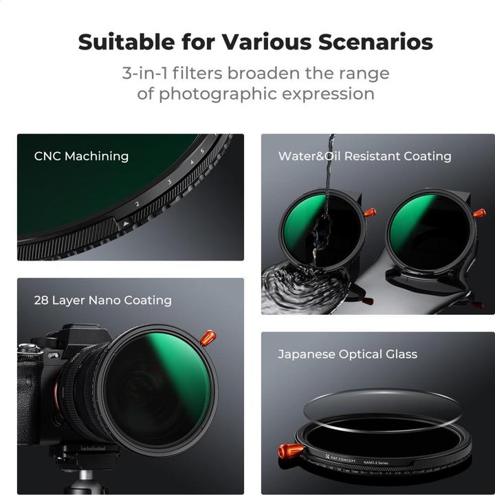 Image du produit K&F Concept 58MM 3-in-1 CPL&Variable ND2ND32&Black Mist 1/4 Filter, wo. Black Cross (Nano-X Series) (58 mm, Filtre Black Mist)
