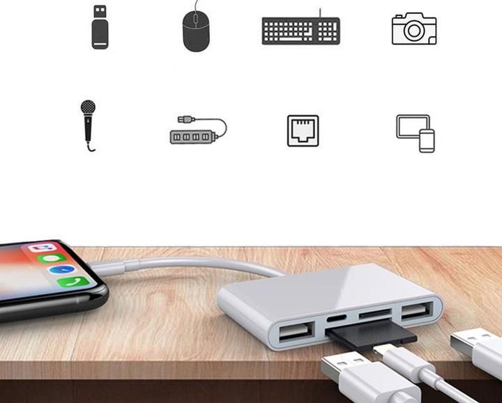 Immagine prodotto Deltalabs Lettore di schede da Lightning a SD/MicroSD e adattatore di ricarica per iPhone/iPad (Lightning, USB-A, MicroDot)