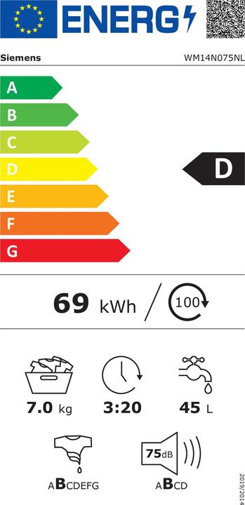Energy Label Siemens WM14N075NL - iQ300 - Washing machine (7 kg, Left)