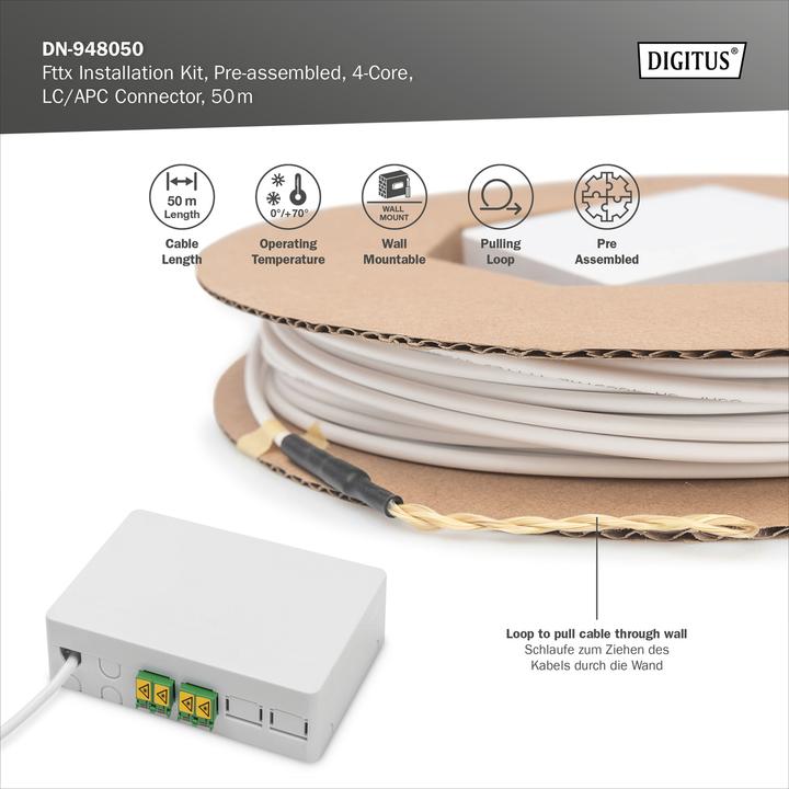 Actual product image Digitus Fttx installation kit LC/APC pre-assembled/4-fibre/50m (50 m)