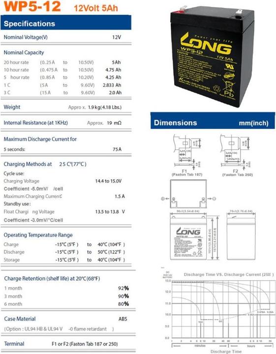 Produktbild Kung Long Akku WP5-12 Blei Akku 12 Volt 5Ah z.B. passend für den Batterypack APCRBC140 von APC, es werden d... (12V, 2 A)