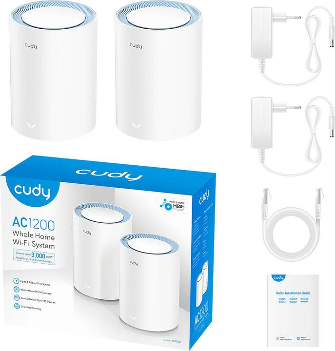 Actual product image Cudy M1200 2-PACK mesh wi-fi system Dual-band ( / ) Wi-Fi 5 (802.11ac) White 1 Internal