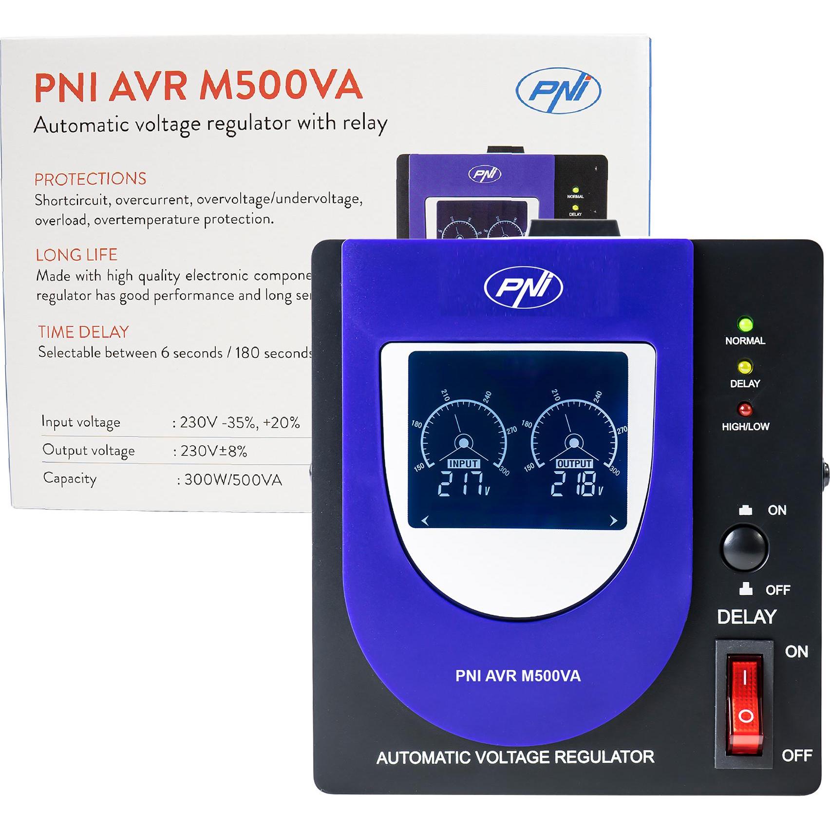 PNI Spannungsstabilisator mit Relais AVR M500VA, 1,4A, 300W, 500VA (500 VA, 300 W, Online-Doppelwandler USV), USV