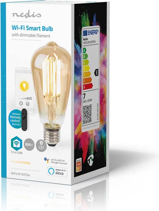 Produktbild Nedis WIFILRF10ST64 Smartlife LED Filament Lampe WLAN E27 806 lm 7 W Warmweiss 1800 - 3000 K Glas An (E27, 806 lm, 1x)