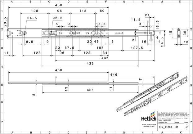 Image du produit Hettich Schubladenschiene Vollauszug 450 mm chromatiert 2 Stück