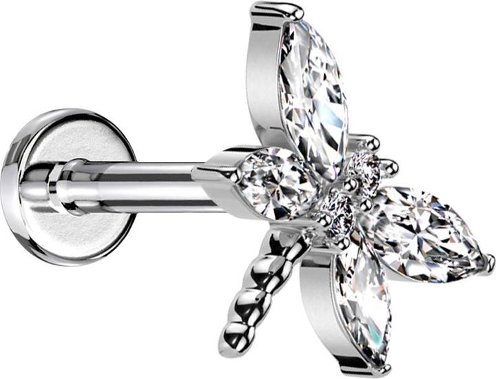 Actual product image Star Piercing Micro Threadless Labret silber Libelle silber Flügel Kristalle silber (Brass, Surgical steel 316L)