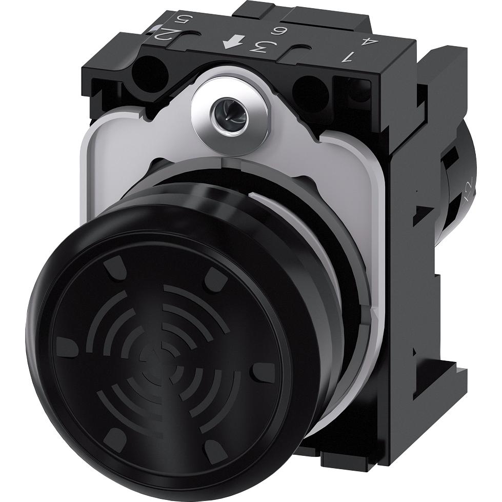 Siemens, Gefahrenmelder, Akustischer Melder, 22mm, rund, Kunststoff, schwarz, Dauerton 4,5 kHz, AC 110V 3SU12006LC101AA0