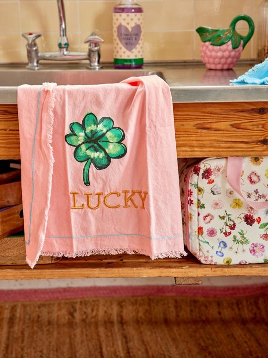 Produktbild Rice Cotton Tea Towel Good Luck print and Embroidery in Soft Pink (70 x 50 cm)