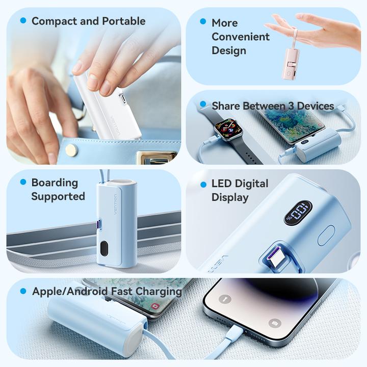 Image du produit Vention LED Display 4800mAh Power Bank (USB-C + Lightning + USB-C) 22.5W Rose Pliable USB-C Type (4800 mAh, 22.50 W, 22.50 Wh)