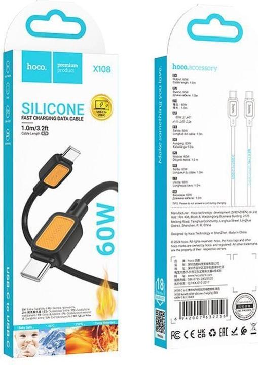 Actual product image Hoco Cable cable Type C to Type C 3A 60W X108 1 m black (1 m, USB 3.2 Gen 1, 60 W)