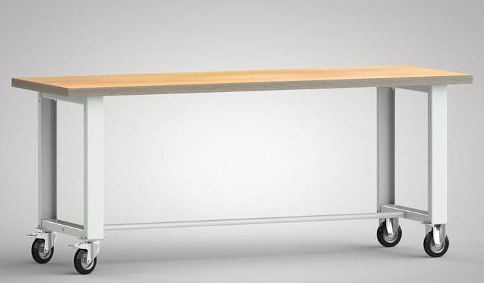 KLW Werkbank B2000xT700xH840mm Buche Multiplex lichtgrau, RAL 7035 Bock-u.Lenkrollen, Vollgummi Ø 125 mm (200 cm, 70 cm)