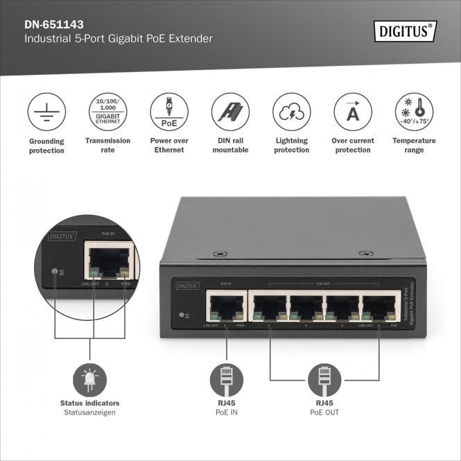 Immagine prodotto Digitus Extender industriale 5 porte Gigabit PoE (5 porte)