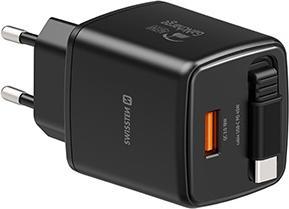 Produktbild Swissten Netzadapter SlideCHARGE GaN 45W, 1 Anschluss, MIT EINZIEHBAREM USB-C-KABEL (45 W, 1 Port)