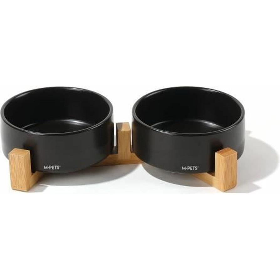 Bols céramique avec support en bambou 2x350 ml - Mpets - OPERA - Noir