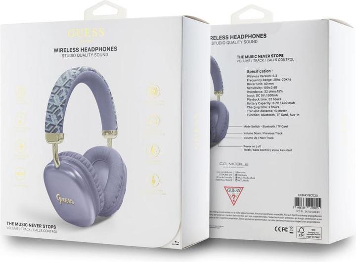 Actual product image Guess słuchawki nauszne Bluetooth GUBHK1GCTCSU fioletowy/purple Gcube Metallic Script Logo (32 h, Wireless)