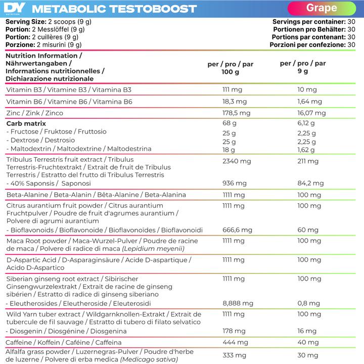 Nährwerte und Zutaten DY Nutrition Metabolic Testoboost (Traube, 1 Stk., 324 g)