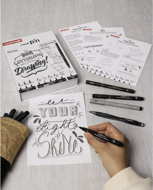 Image du produit Uni-ball Instruments d'écriture PIN, LETTERING Edition, coffret de 9 pièces contient : 3 Fineliners PIN, 5 (Gris clair, Gris foncé, Noir, Sépia, 9x)