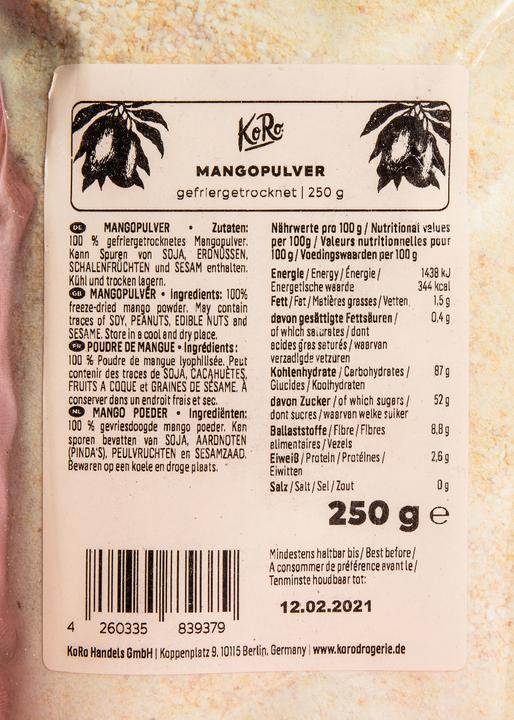 Nährwerte und Zutaten KoRo Gefriergetrocknetes Mangopulver (250 g)