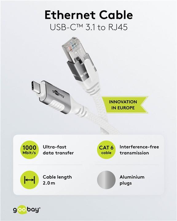 Actual product image Goobay Ethernet cable CAT6 USB-C 3.1 to RJ45 2m (USB 3.1, USB-C 3.1 Gen 1, RJ45 (1x))