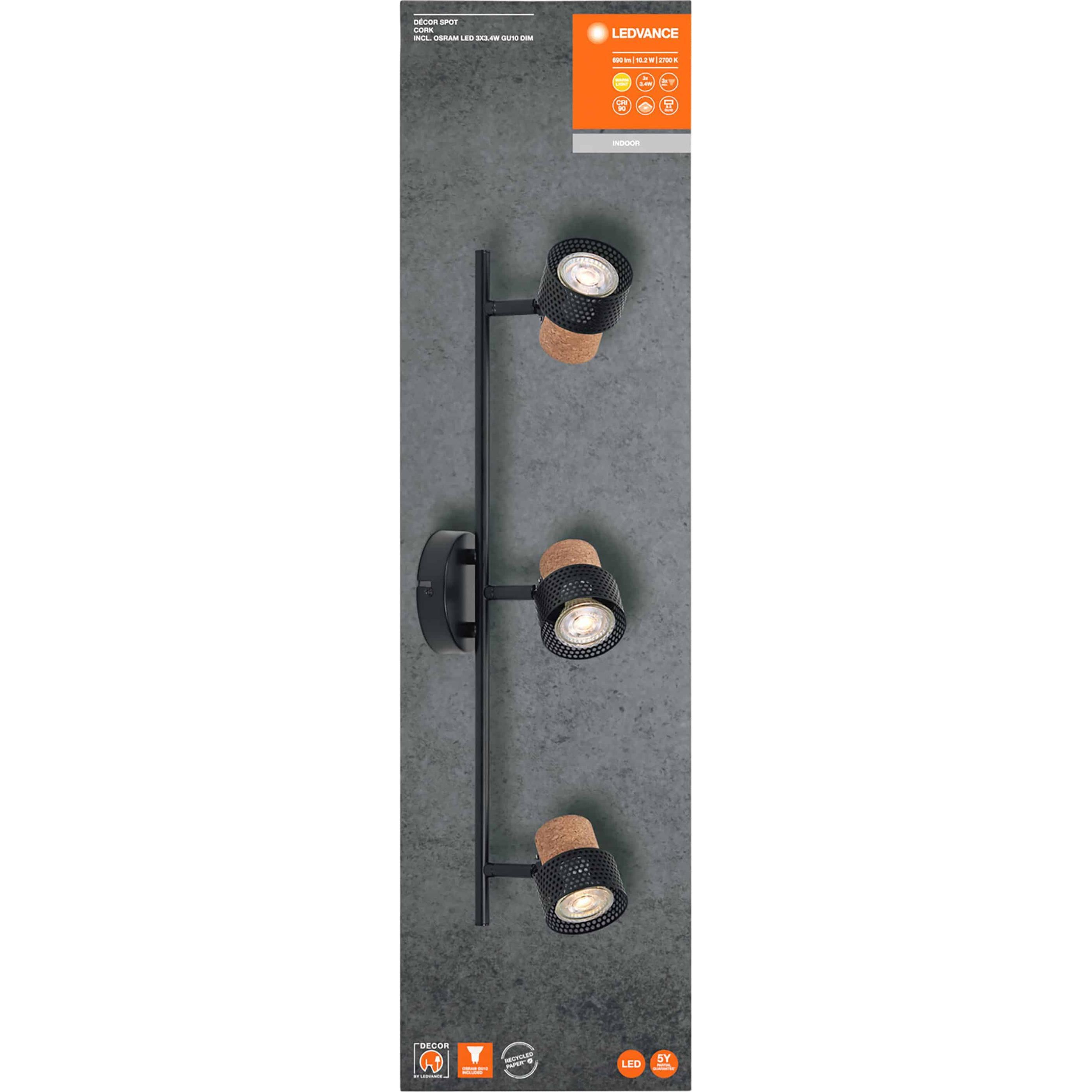 Thumbnail - Ledvance, Wandleuchte + Deckenleuchte, DECOR SPOT CORK BLACK 3x3.4W 927 DIM (690 lm, GU10)