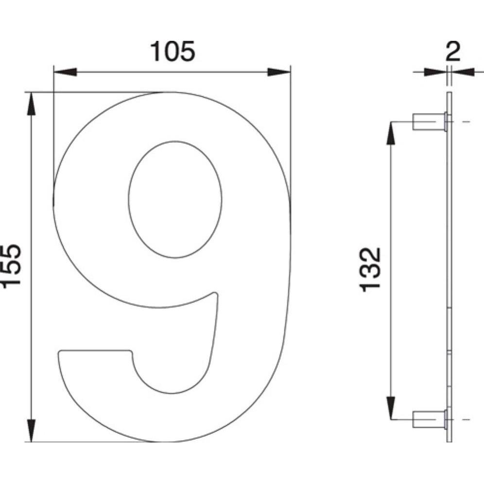 EDI, Hausnummer + Türschild, Hausnummer Ziffer 6 / 9 Edelstahl matt 150 mm Breite 105 mm