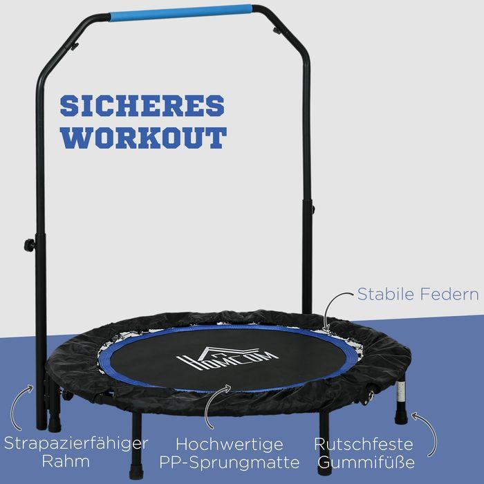 Immagine prodotto Swisshandel24 Fitnesstrampolin, klappbar, verstellbarer Haltegriff, Ø102x123H cm, bis 100 kg, Schwarz/Blau (102 cm)