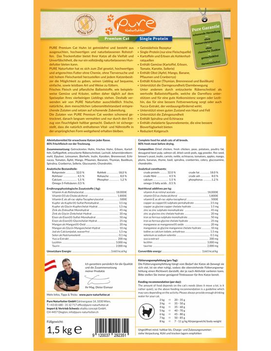 Nutritional values and ingredients Pure Naturfutter Premium Cat single protein grain-free chicken (Adult, 1 pcs., 1500 g)