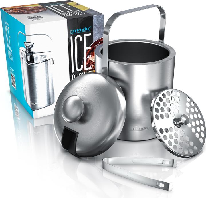 Image du produit Arendo Eiseimer, Eiswürfelbehälter mit Deckel, Edelstahl, 1,3 Liter, doppelwandig, Eiszange und Sieb